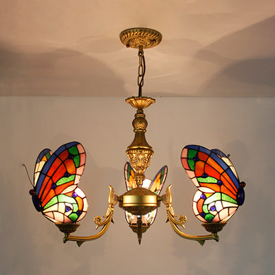 3 Lights Butterfly Hanging Light Loft Style Stained Glass Ceiling Chandelier with Chain in White/Red/Blue/Orange-Green Orange-Green Clearhalo 'Ceiling Lights' 'Chandeliers' 'Industrial' 'Middle Century Chandeliers' 'Tiffany Chandeliers' 'Tiffany close to ceiling' 'Tiffany' Lighting' 95468