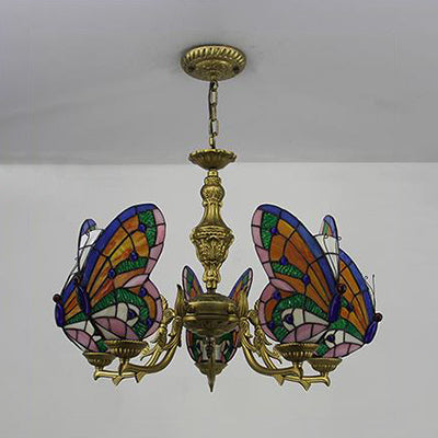 3 Lights Butterfly Hanging Light Loft Style Stained Glass Ceiling Chandelier with Chain in White/Red/Blue/Orange-Green Clearhalo 'Ceiling Lights' 'Chandeliers' 'Industrial' 'Middle Century Chandeliers' 'Tiffany Chandeliers' 'Tiffany close to ceiling' 'Tiffany' Lighting' 95469