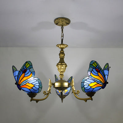 3 Lights Butterfly Hanging Light Loft Style Stained Glass Ceiling Chandelier with Chain in White/Red/Blue/Orange-Green Blue Clearhalo 'Ceiling Lights' 'Chandeliers' 'Industrial' 'Middle Century Chandeliers' 'Tiffany Chandeliers' 'Tiffany close to ceiling' 'Tiffany' Lighting' 95470
