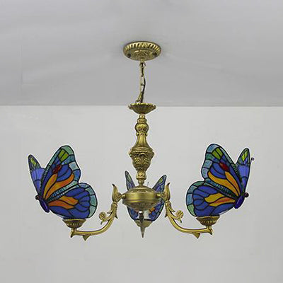 3 Lights Butterfly Hanging Light Loft Style Stained Glass Ceiling Chandelier with Chain in White/Red/Blue/Orange-Green Clearhalo 'Ceiling Lights' 'Chandeliers' 'Industrial' 'Middle Century Chandeliers' 'Tiffany Chandeliers' 'Tiffany close to ceiling' 'Tiffany' Lighting' 95471