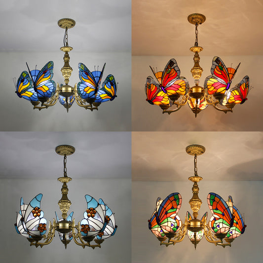 Loft Style Butterfly Ceiling Light Fixture with Adjustable Chain Stained Glass Foyer Pendant Light in White/Red/Blue/Orange-Green Clearhalo 'Ceiling Lights' 'Chandeliers' 'Industrial' 'Middle Century Chandeliers' 'Tiffany Chandeliers' 'Tiffany close to ceiling' 'Tiffany' Lighting' 95473