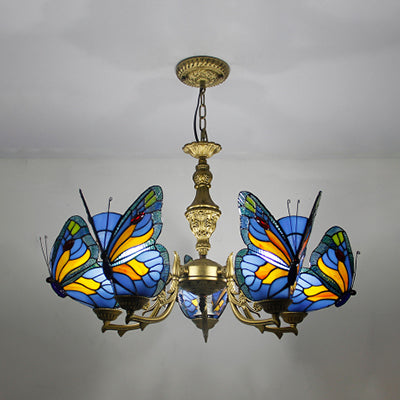 Loft Style Butterfly Ceiling Light Fixture with Adjustable Chain Stained Glass Foyer Pendant Light in White/Red/Blue/Orange-Green Blue Clearhalo 'Ceiling Lights' 'Chandeliers' 'Industrial' 'Middle Century Chandeliers' 'Tiffany Chandeliers' 'Tiffany close to ceiling' 'Tiffany' Lighting' 95474