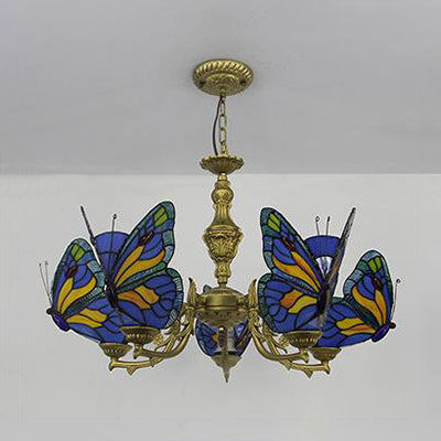 Loft Style Butterfly Ceiling Light Fixture with Adjustable Chain Stained Glass Foyer Pendant Light in White/Red/Blue/Orange-Green Clearhalo 'Ceiling Lights' 'Chandeliers' 'Industrial' 'Middle Century Chandeliers' 'Tiffany Chandeliers' 'Tiffany close to ceiling' 'Tiffany' Lighting' 95475