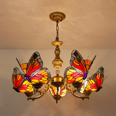 Loft Style Butterfly Ceiling Light Fixture with Adjustable Chain Stained Glass Foyer Pendant Light in White/Red/Blue/Orange-Green Red Clearhalo 'Ceiling Lights' 'Chandeliers' 'Industrial' 'Middle Century Chandeliers' 'Tiffany Chandeliers' 'Tiffany close to ceiling' 'Tiffany' Lighting' 95476