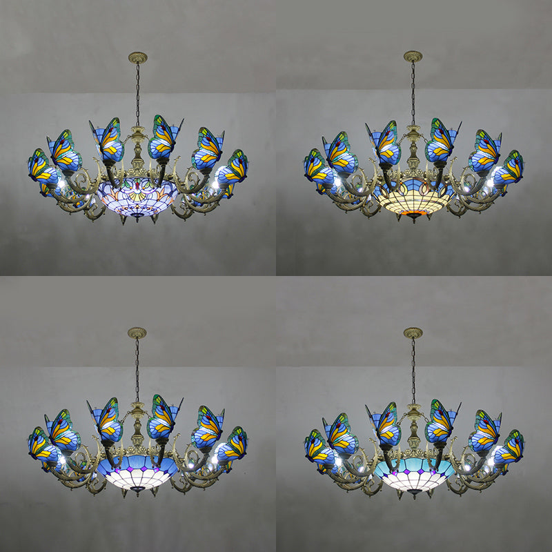 Butterfly Indoor Pendant Light Stained Glass Tiffany Chandelier Lamp in Dark Blue/Sky Blue/Beige/Blue for Hallway Clearhalo 'Ceiling Lights' 'Chandeliers' 'Close To Ceiling Lights' 'Industrial' 'Middle Century Chandeliers' 'Tiffany Chandeliers' 'Tiffany close to ceiling' 'Tiffany' Lighting' 95482