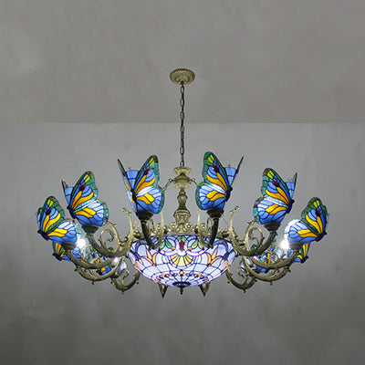 Butterfly Indoor Pendant Light Stained Glass Tiffany Chandelier Lamp in Dark Blue/Sky Blue/Beige/Blue for Hallway Dark Blue Clearhalo 'Ceiling Lights' 'Chandeliers' 'Close To Ceiling Lights' 'Industrial' 'Middle Century Chandeliers' 'Tiffany Chandeliers' 'Tiffany close to ceiling' 'Tiffany' Lighting' 95483