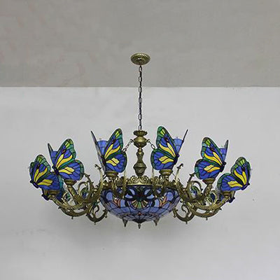 Butterfly Indoor Pendant Light Stained Glass Tiffany Chandelier Lamp in Dark Blue/Sky Blue/Beige/Blue for Hallway Clearhalo 'Ceiling Lights' 'Chandeliers' 'Close To Ceiling Lights' 'Industrial' 'Middle Century Chandeliers' 'Tiffany Chandeliers' 'Tiffany close to ceiling' 'Tiffany' Lighting' 95484