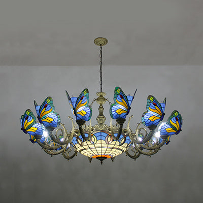 Butterfly Indoor Pendant Light Stained Glass Tiffany Chandelier Lamp in Dark Blue/Sky Blue/Beige/Blue for Hallway Beige Clearhalo 'Ceiling Lights' 'Chandeliers' 'Close To Ceiling Lights' 'Industrial' 'Middle Century Chandeliers' 'Tiffany Chandeliers' 'Tiffany close to ceiling' 'Tiffany' Lighting' 95485