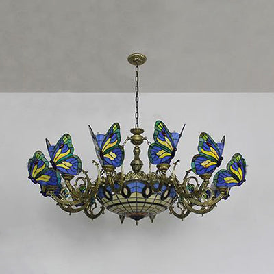 Butterfly Indoor Pendant Light Stained Glass Tiffany Chandelier Lamp in Dark Blue/Sky Blue/Beige/Blue for Hallway Clearhalo 'Ceiling Lights' 'Chandeliers' 'Close To Ceiling Lights' 'Industrial' 'Middle Century Chandeliers' 'Tiffany Chandeliers' 'Tiffany close to ceiling' 'Tiffany' Lighting' 95486