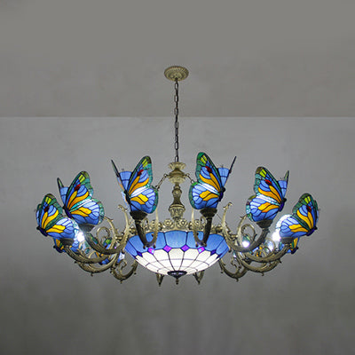 Butterfly Indoor Pendant Light Stained Glass Tiffany Chandelier Lamp in Dark Blue/Sky Blue/Beige/Blue for Hallway Blue Clearhalo 'Ceiling Lights' 'Chandeliers' 'Close To Ceiling Lights' 'Industrial' 'Middle Century Chandeliers' 'Tiffany Chandeliers' 'Tiffany close to ceiling' 'Tiffany' Lighting' 95487