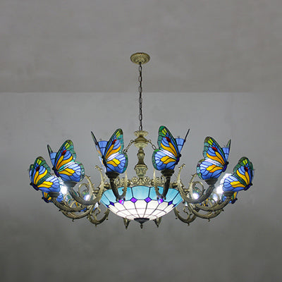 Butterfly Indoor Pendant Light Stained Glass Tiffany Chandelier Lamp in Dark Blue/Sky Blue/Beige/Blue for Hallway Sky Blue Clearhalo 'Ceiling Lights' 'Chandeliers' 'Close To Ceiling Lights' 'Industrial' 'Middle Century Chandeliers' 'Tiffany Chandeliers' 'Tiffany close to ceiling' 'Tiffany' Lighting' 95489