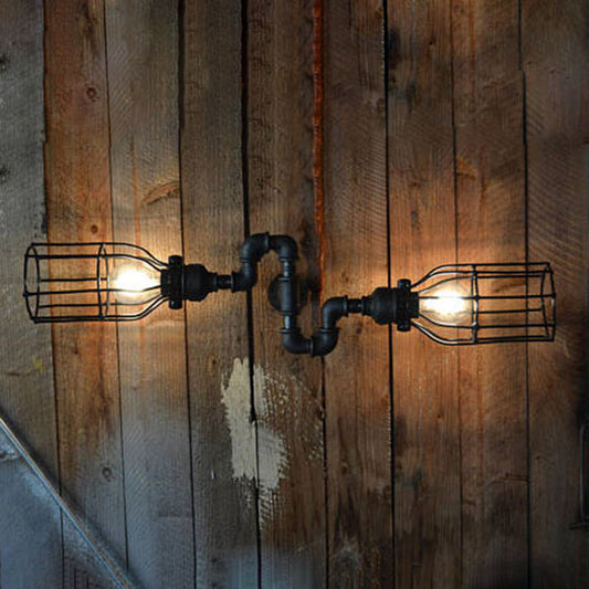 Black Wire Frame Wall Lighting Fixture with Pipe Rustic Metal 2 Lights Restaurant Wall Sconce Light Black Clearhalo 'Art deco wall lights' 'Cast Iron' 'Glass' 'Industrial wall lights' 'Industrial' 'Middle century wall lights' 'Modern' 'Rustic wall lights' 'Tiffany' 'Traditional wall lights' 'Wall Lamps & Sconces' 'Wall Lights' Lighting' 95688