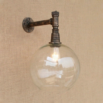 Wrought Iron Bronze Wall Light Fixture Pipe 1 Head Antique Style Wall Mount Light with Global Glass Shade, 8"/12" Wide Clearhalo 'Cast Iron' 'Glass' 'Industrial wall lights' 'Industrial' 'Middle century wall lights' 'Modern' 'Tiffany' 'Traditional wall lights' 'Wall Lamps & Sconces' 'Wall Lights' Lighting' 9575