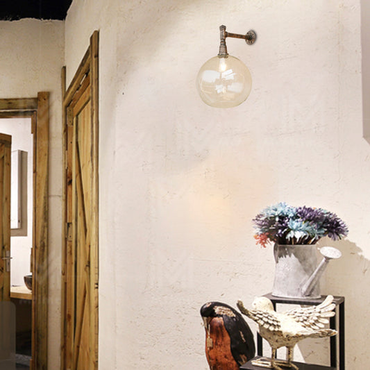 Wrought Iron Bronze Wall Light Fixture Pipe 1 Head Antique Style Wall Mount Light with Global Glass Shade, 8"/12" Wide Bronze 12" Clearhalo 'Cast Iron' 'Glass' 'Industrial wall lights' 'Industrial' 'Middle century wall lights' 'Modern' 'Tiffany' 'Traditional wall lights' 'Wall Lamps & Sconces' 'Wall Lights' Lighting' 9576