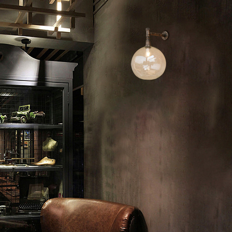 Wrought Iron Bronze Wall Light Fixture Pipe 1 Head Antique Style Wall Mount Light with Global Glass Shade, 8"/12" Wide Bronze 8" Clearhalo 'Cast Iron' 'Glass' 'Industrial wall lights' 'Industrial' 'Middle century wall lights' 'Modern' 'Tiffany' 'Traditional wall lights' 'Wall Lamps & Sconces' 'Wall Lights' Lighting' 9578