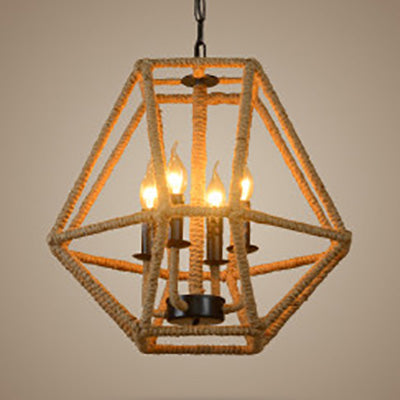 4 Bulbs Chandelier Light Country Geometric Cage Shade Hemp Rope Ceiling Pendant Light in Beige for Kitchen Beige Clearhalo 'Ceiling Lights' 'Chandeliers' 'Industrial Chandeliers' 'Industrial' 'Middle Century Chandeliers' 'Tiffany' Lighting' 95792