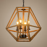 4 Bulbs Chandelier Light Country Geometric Cage Shade Hemp Rope Ceiling Pendant Light in Beige for Kitchen Beige Clearhalo 'Ceiling Lights' 'Chandeliers' 'Industrial Chandeliers' 'Industrial' 'Middle Century Chandeliers' 'Tiffany' Lighting' 95792