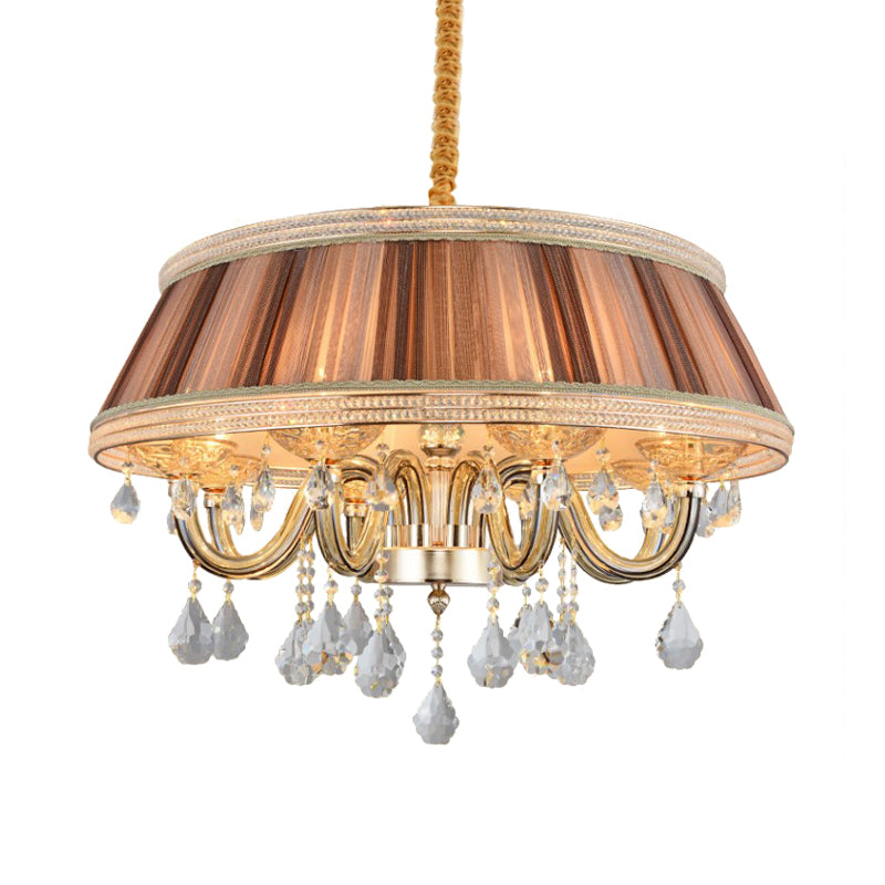Khaki Drum Ceiling Chandelier Modernism 8 Heads Pleated Fabric Hanging Lighting with Crystal Droplet Clearhalo 'Ceiling Lights' 'Chandeliers' 'Modern Chandeliers' 'Modern' Lighting' 959664