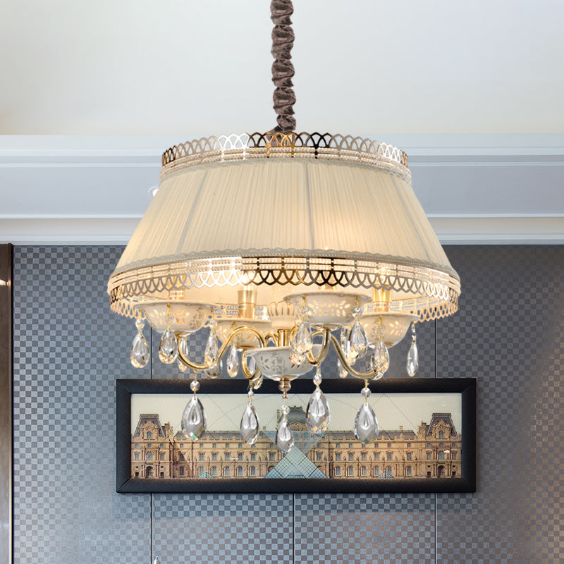 Modern 4 Bulbs Pendant Chandelier with Fabric Shade Beige Tapered Drum Crystal Down Lighting Beige Clearhalo 'Ceiling Lights' 'Chandeliers' 'Modern Chandeliers' 'Modern' Lighting' 959666