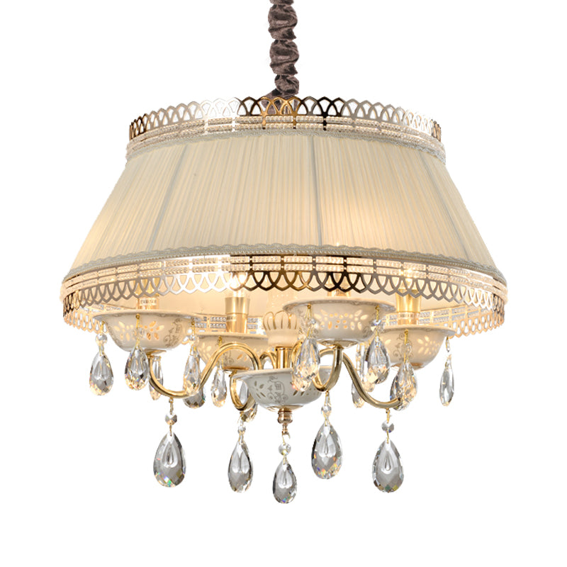 Modern 4 Bulbs Pendant Chandelier with Fabric Shade Beige Tapered Drum Crystal Down Lighting Clearhalo 'Ceiling Lights' 'Chandeliers' 'Modern Chandeliers' 'Modern' Lighting' 959668