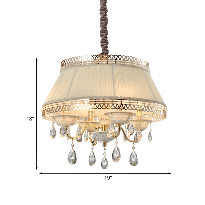 Modern 4 Bulbs Pendant Chandelier with Fabric Shade Beige Tapered Drum Crystal Down Lighting Clearhalo 'Ceiling Lights' 'Chandeliers' 'Modern Chandeliers' 'Modern' Lighting' 959669