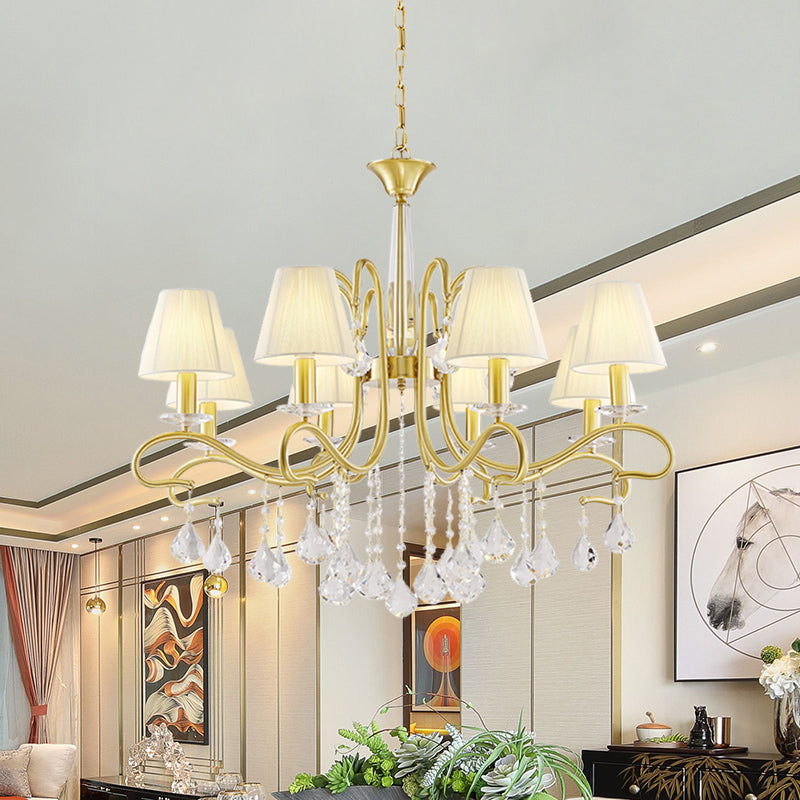 Brass 8-Head Crystal Ceiling Chandelier Country Style Metallic Swirl Arm Pendulum Light with Cone Fabric Shade Brass Clearhalo 'Ceiling Lights' 'Chandeliers' Lighting' options 959674_fb05ee69-6505-4d0b-933a-6b6174b12204