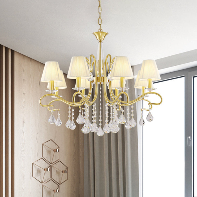 Brass 8-Head Crystal Ceiling Chandelier Country Style Metallic Swirl Arm Pendulum Light with Cone Fabric Shade Clearhalo 'Ceiling Lights' 'Chandeliers' Lighting' options 959675