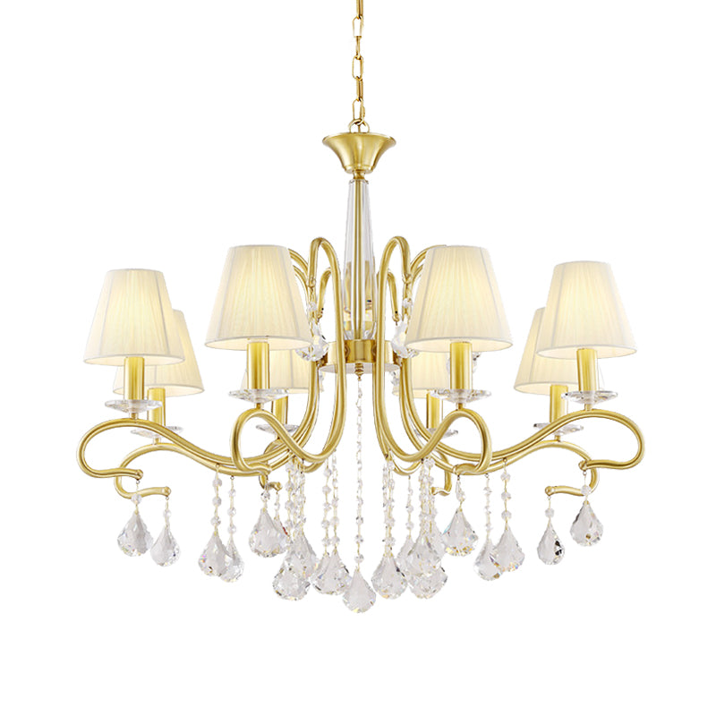 Brass 8-Head Crystal Ceiling Chandelier Country Style Metallic Swirl Arm Pendulum Light with Cone Fabric Shade Clearhalo 'Ceiling Lights' 'Chandeliers' Lighting' options 959676