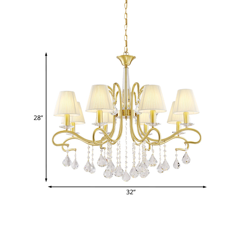 Brass 8-Head Crystal Ceiling Chandelier Country Style Metallic Swirl Arm Pendulum Light with Cone Fabric Shade Clearhalo 'Ceiling Lights' 'Chandeliers' Lighting' options 959677
