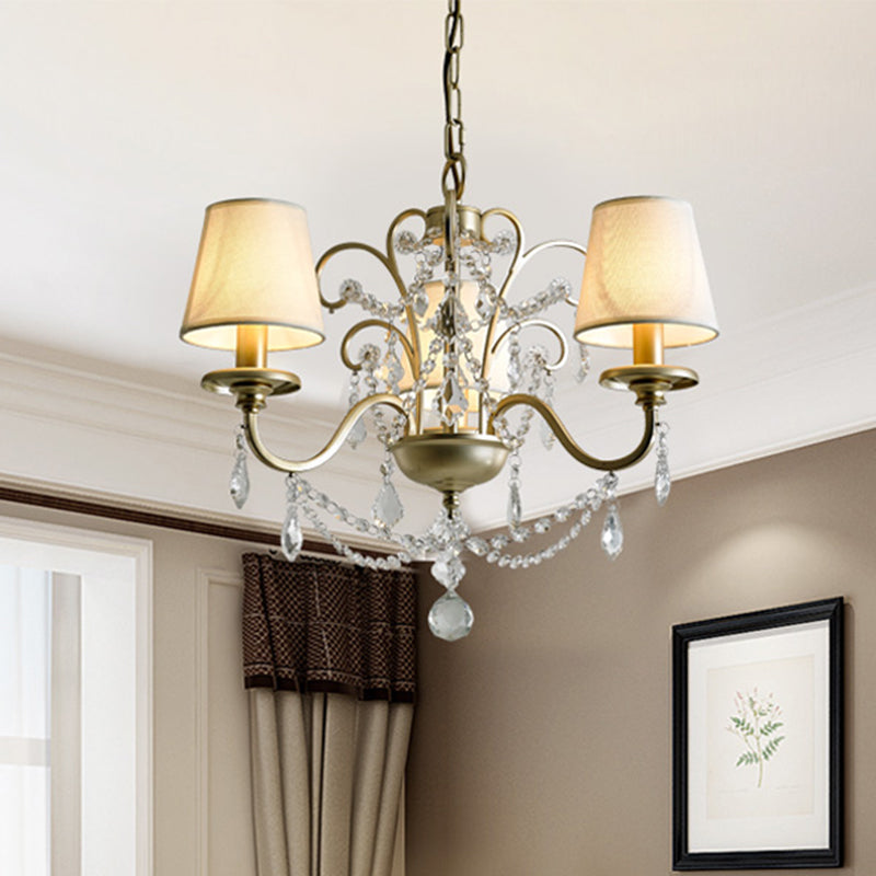 Countryside Swag Suspension Light 3-Light Crystal Strand Chandelier Pendant Lamp in Gold with Barrel Fabric Shade Gold Clearhalo 'Ceiling Lights' 'Chandeliers' Lighting' options 959678_b66154bb-9263-460c-ad90-e0aa78bb4f78