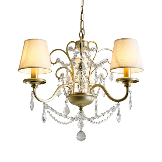 Countryside Swag Suspension Light 3-Light Crystal Strand Chandelier Pendant Lamp in Gold with Barrel Fabric Shade Clearhalo 'Ceiling Lights' 'Chandeliers' Lighting' options 959680