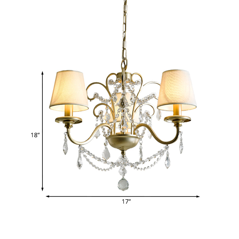 Countryside Swag Suspension Light 3-Light Crystal Strand Chandelier Pendant Lamp in Gold with Barrel Fabric Shade Clearhalo 'Ceiling Lights' 'Chandeliers' Lighting' options 959681