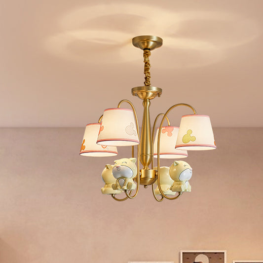 Brass Finish Curved Arm Chandelier Light Cartoon 4 Lights Metal Pendant with Fabric Shade and Dog Decor Clearhalo 'Ceiling Lights' 'Chandeliers' Lighting' options 959691