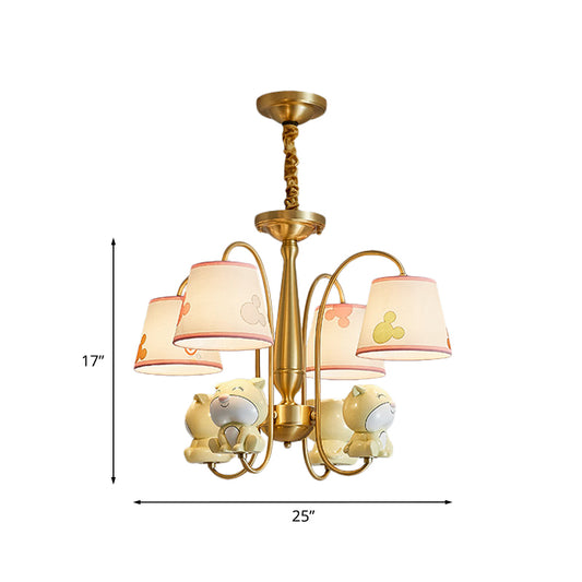 Brass Finish Curved Arm Chandelier Light Cartoon 4 Lights Metal Pendant with Fabric Shade and Dog Decor Clearhalo 'Ceiling Lights' 'Chandeliers' Lighting' options 959693