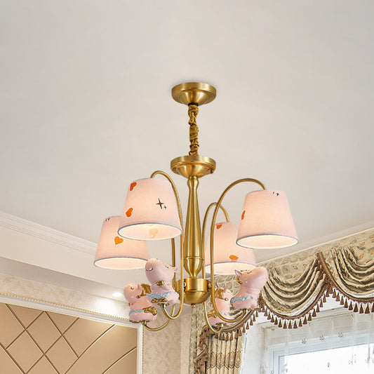 Barrel Fabric Shade Ceiling Chandelier Cartoon 4 Heads Pink Horse Hanging Light with Curved Brass Arm Clearhalo 'Ceiling Lights' 'Chandeliers' Lighting' options 959694