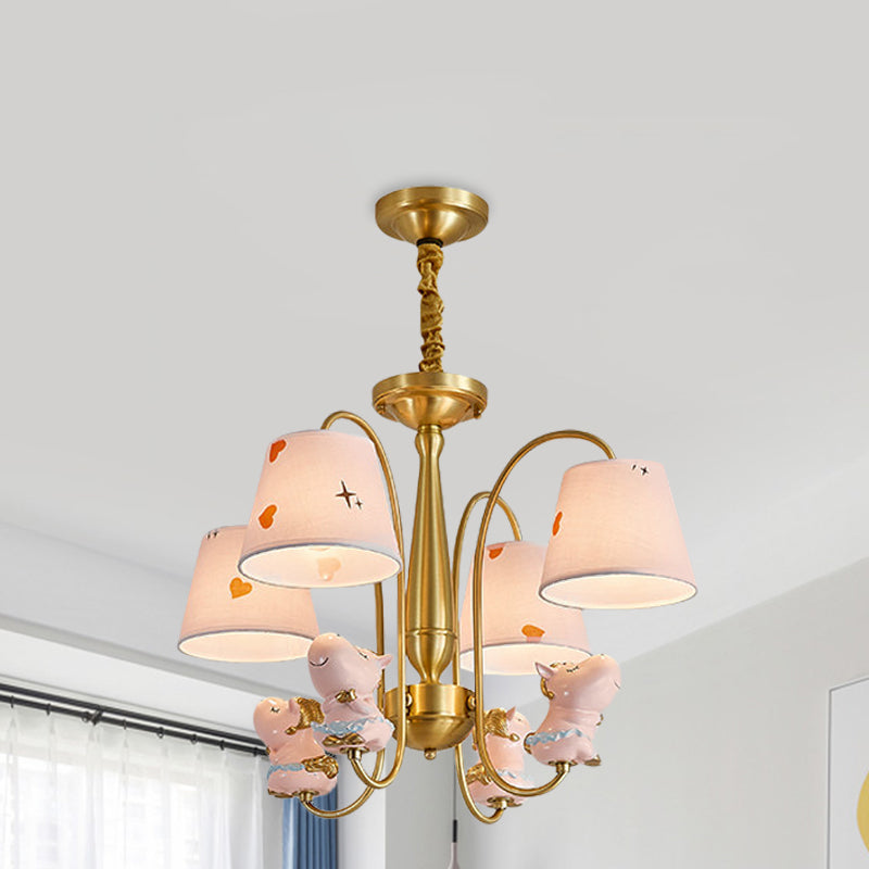 Barrel Fabric Shade Ceiling Chandelier Cartoon 4 Heads Pink Horse Hanging Light with Curved Brass Arm Clearhalo 'Ceiling Lights' 'Chandeliers' Lighting' options 959695