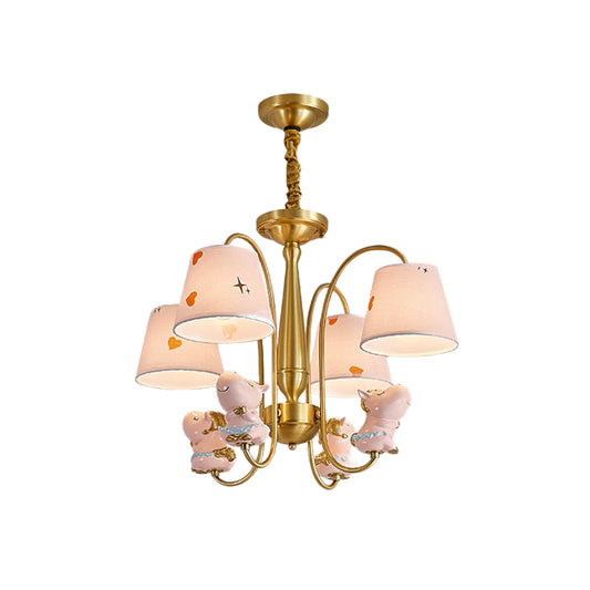 Barrel Fabric Shade Ceiling Chandelier Cartoon 4 Heads Pink Horse Hanging Light with Curved Brass Arm Clearhalo 'Ceiling Lights' 'Chandeliers' Lighting' options 959696