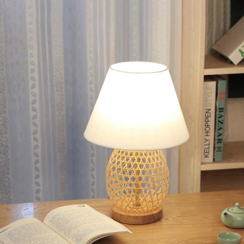 Asian Woven Oval Night Lamp Bamboo Rattan Single Bedroom Table Light with White Fabric Shade in Beige Beige Clearhalo 'Lamps' 'Table Lamps' Lighting' 959993