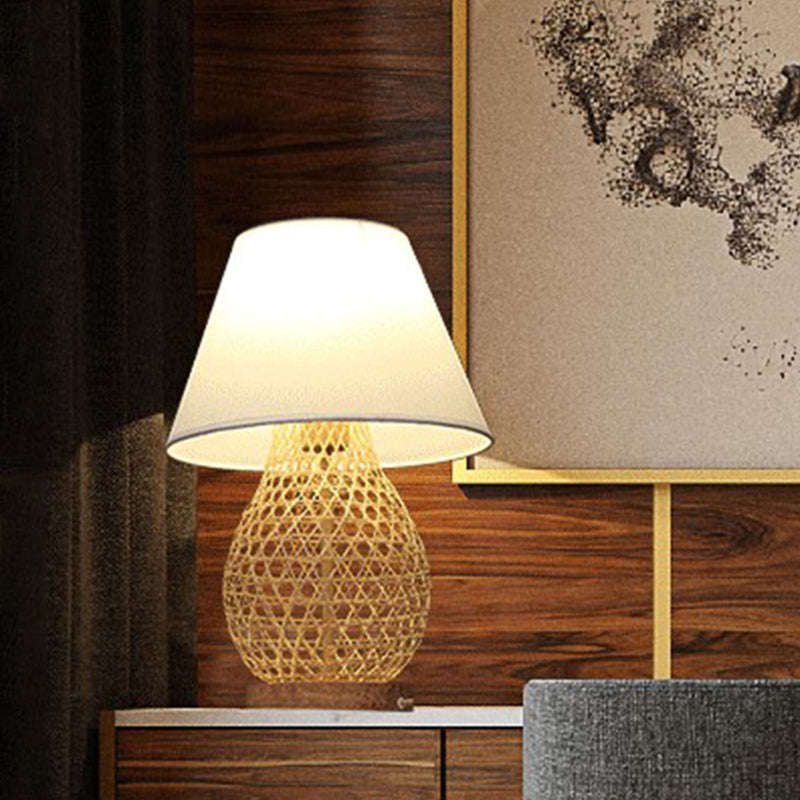 Asian Woven Oval Night Lamp Bamboo Rattan Single Bedroom Table Light with White Fabric Shade in Beige Clearhalo 'Lamps' 'Table Lamps' Lighting' 959994