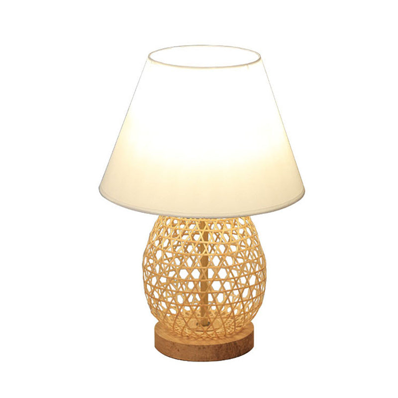 Asian Woven Oval Night Lamp Bamboo Rattan Single Bedroom Table Light with White Fabric Shade in Beige Clearhalo 'Lamps' 'Table Lamps' Lighting' 959995