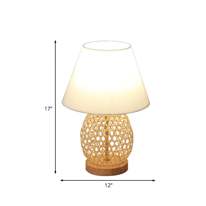 Asian Woven Oval Night Lamp Bamboo Rattan Single Bedroom Table Light with White Fabric Shade in Beige Clearhalo 'Lamps' 'Table Lamps' Lighting' 959996