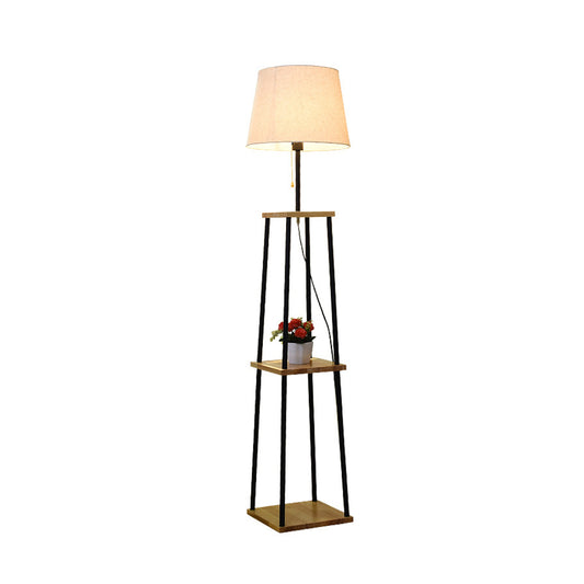 Shelf Shape Floor Light Modernist Wood Single Head Flaxen Pull-Chain Standard Lamp with Barrel Fabric Shade Clearhalo 'Floor Lamps' 'Lamps' Lighting' 960031