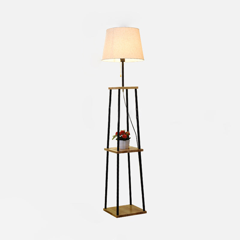 Shelf Shape Floor Light Modernist Wood Single Head Flaxen Pull-Chain Standard Lamp with Barrel Fabric Shade Clearhalo 'Floor Lamps' 'Lamps' Lighting' 960032