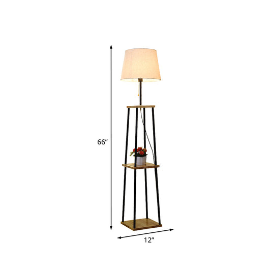 Shelf Shape Floor Light Modernist Wood Single Head Flaxen Pull-Chain Standard Lamp with Barrel Fabric Shade Clearhalo 'Floor Lamps' 'Lamps' Lighting' 960033