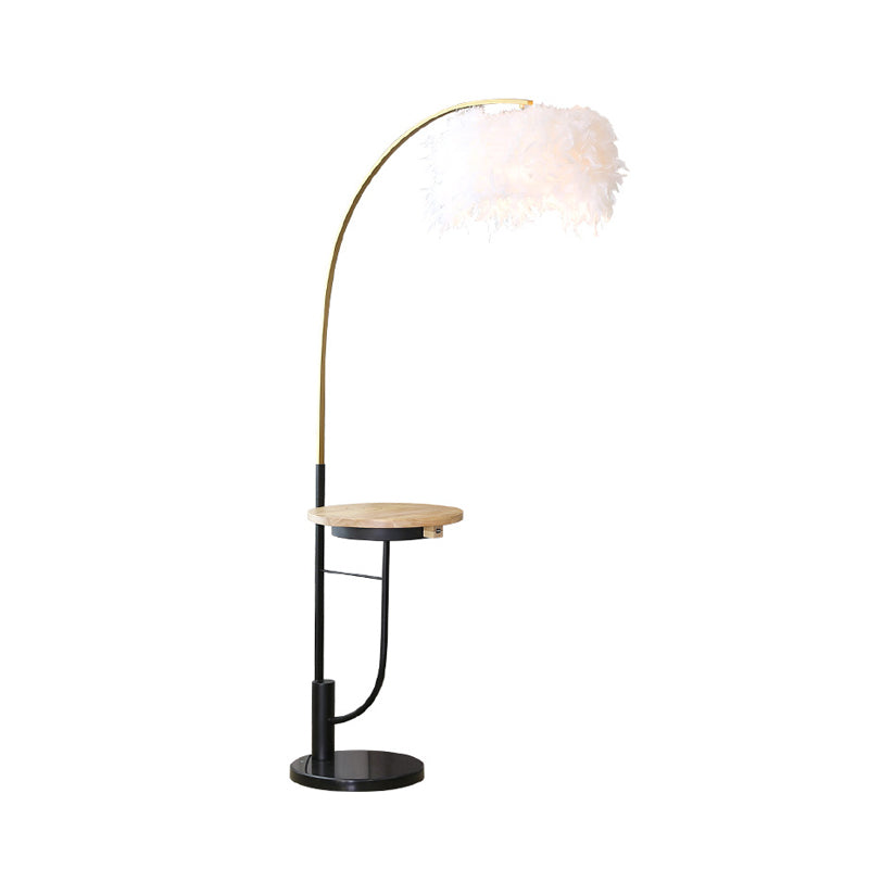 Fishing Rod Metal Desk Floor Light Modernism Single Gold and Black Standing Lamp with Drum White Feather Shade Clearhalo 'Floor Lamps' 'Lamps' Lighting' 960040