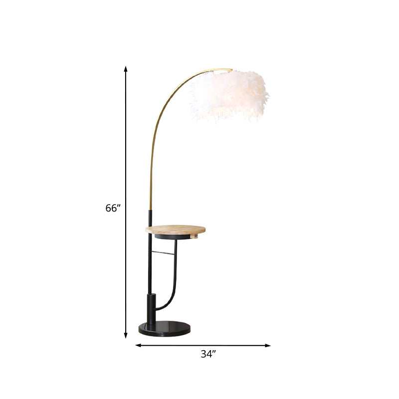 Fishing Rod Metal Desk Floor Light Modernism Single Gold and Black Standing Lamp with Drum White Feather Shade Clearhalo 'Floor Lamps' 'Lamps' Lighting' 960041