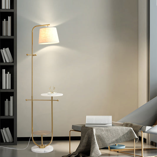 Curved Arm Standing Table Light Modernist Metal 1 Head Gold Finish Fabric Floor Lamp Clearhalo 'Floor Lamps' 'Lamps' Lighting' 960047
