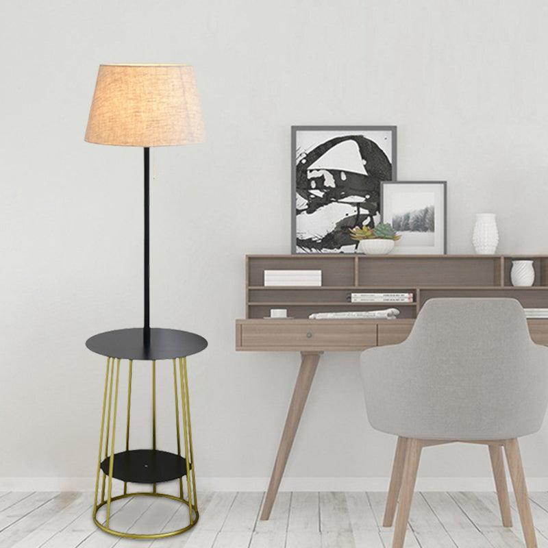Fabric Barrel Shade Standing Table Lamp Modernist Single Black and Gold Finish Floor Light with Pull Chain Black-Gold Clearhalo 'Floor Lamps' 'Lamps' Lighting' 960062