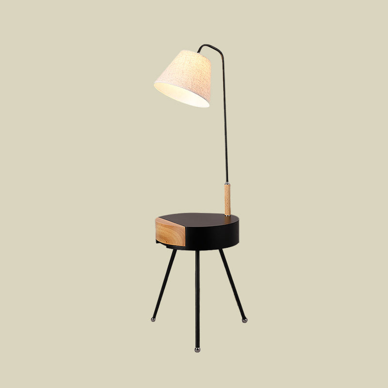 Tripod Table Floor Lighting Modern Metallic Single Head Black/Grey/White and Wood Stand Lamp with Fabric Shade Clearhalo 'Floor Lamps' 'Lamps' Lighting' 960072