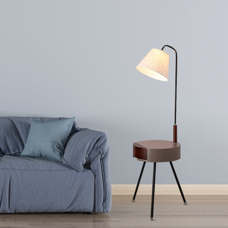 Tripod Table Floor Lighting Modern Metallic Single Head Black/Grey/White and Wood Stand Lamp with Fabric Shade Clearhalo 'Floor Lamps' 'Lamps' Lighting' 960079